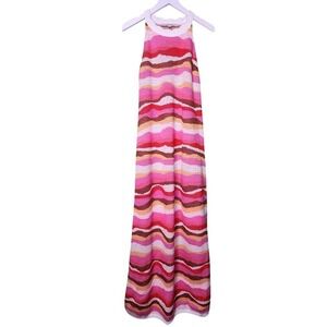 Loft Sleeveless Crochet‎ Knit Sweater Dress Wavy Stripe Pink Boho Cottage Maxi
